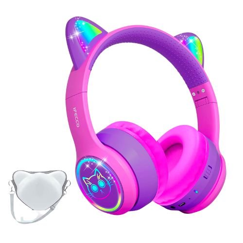 IFECCO Wireless Kids Headphones with Microphone,Foldable Cute Light Up Cat Ear Children Girls Bluetooth Headphones with Case for School Gifts Travel