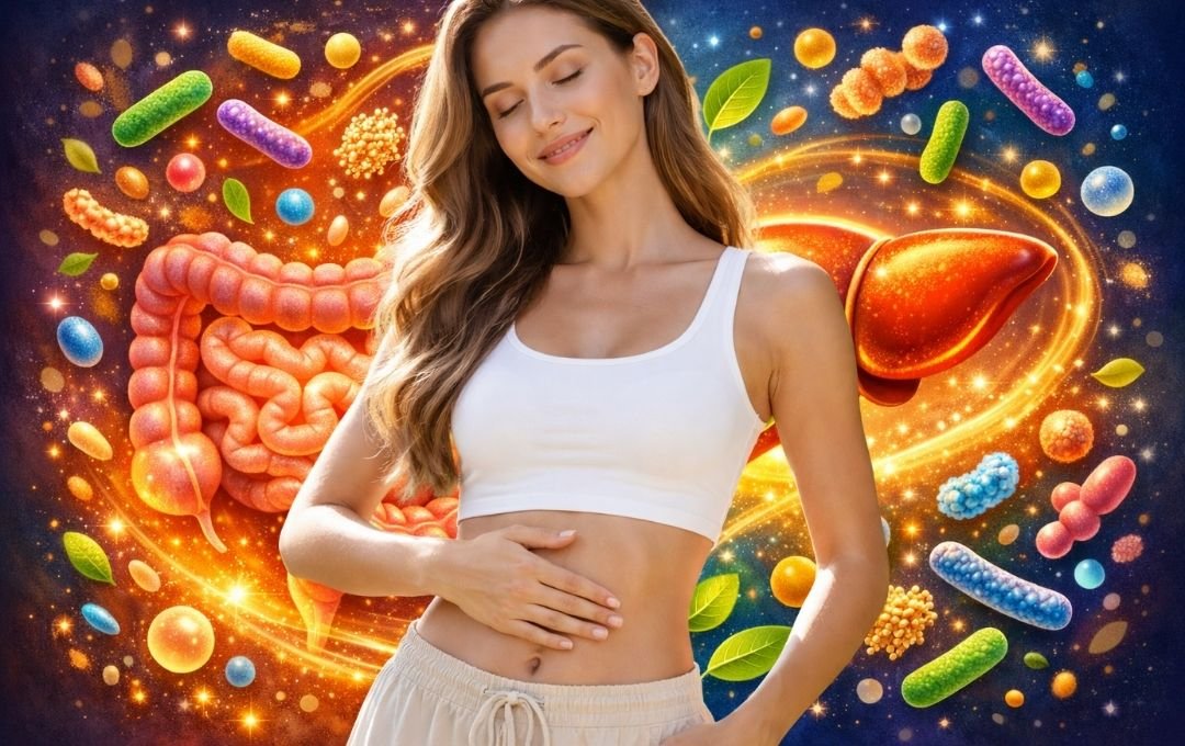 Woman holding her stomach with a calm smile, surrounded by a colorful illustration of the digestive system, liver, probiotics, and natural elements symbolizing gut health, digestion, and overall wellness.