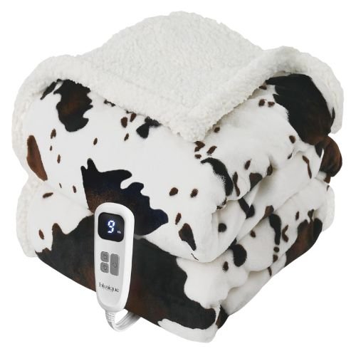 Blunique Cow Print Heated Throw Blanket, Soft Fleece Sherpa with 10 Heat Levels